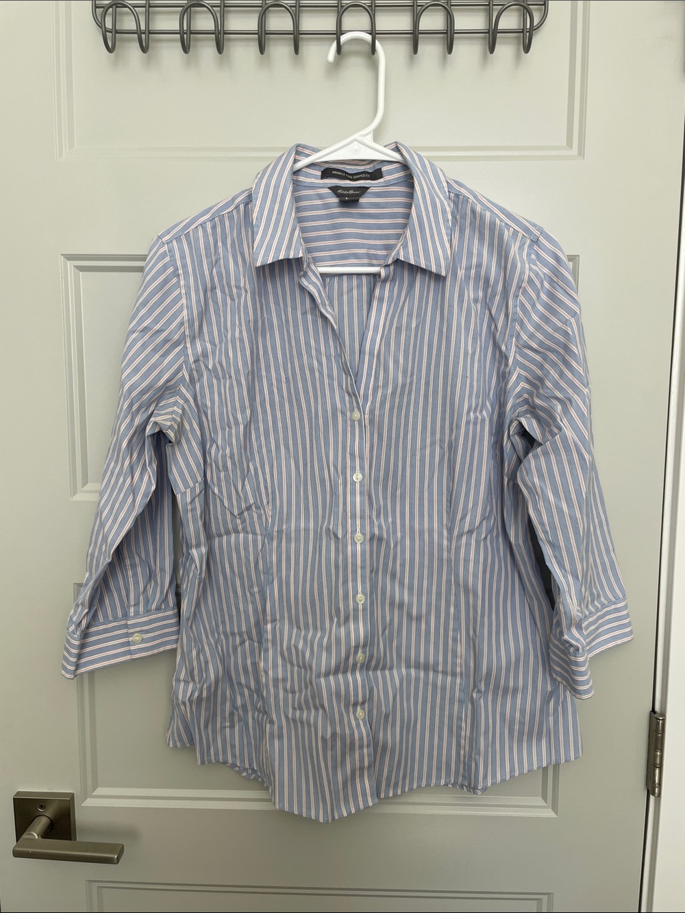 Eddie Bauer Women’s Y2K Light Blue & White Striped Fitted Button-Up Shirt